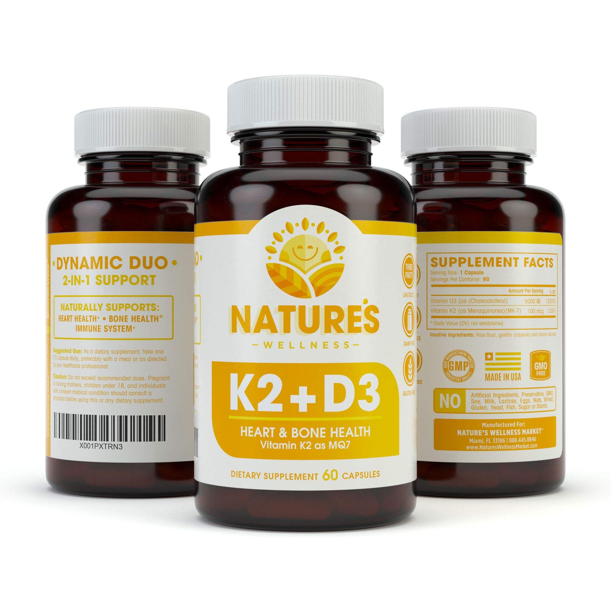 Vitaminas naturales K2 MK7 con D3 en frasco 60 cápsulas GMP