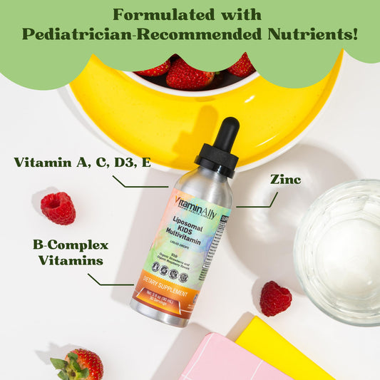 Imagen destacando vitaminas pediátricas del multivitamínico Liposomal Kids.