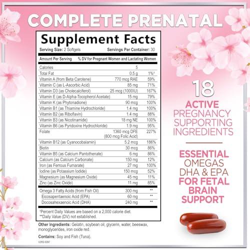 Vitaminas prenatales con ácido fólico y DHA para embarazadas