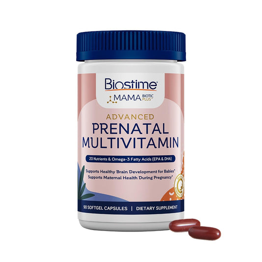 Vitaminas prenatales Biostime caja frontal con cápsulas blandas