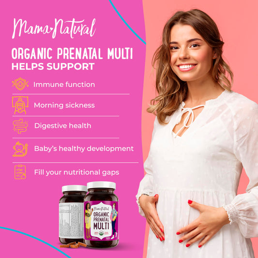 Vitaminas prenatales Mama Natural veganas un envase cerrado