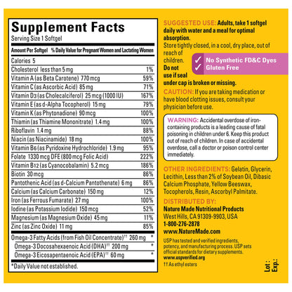 Vitaminas prenatales Nature Made para salud ocular, ósea y nerviosa