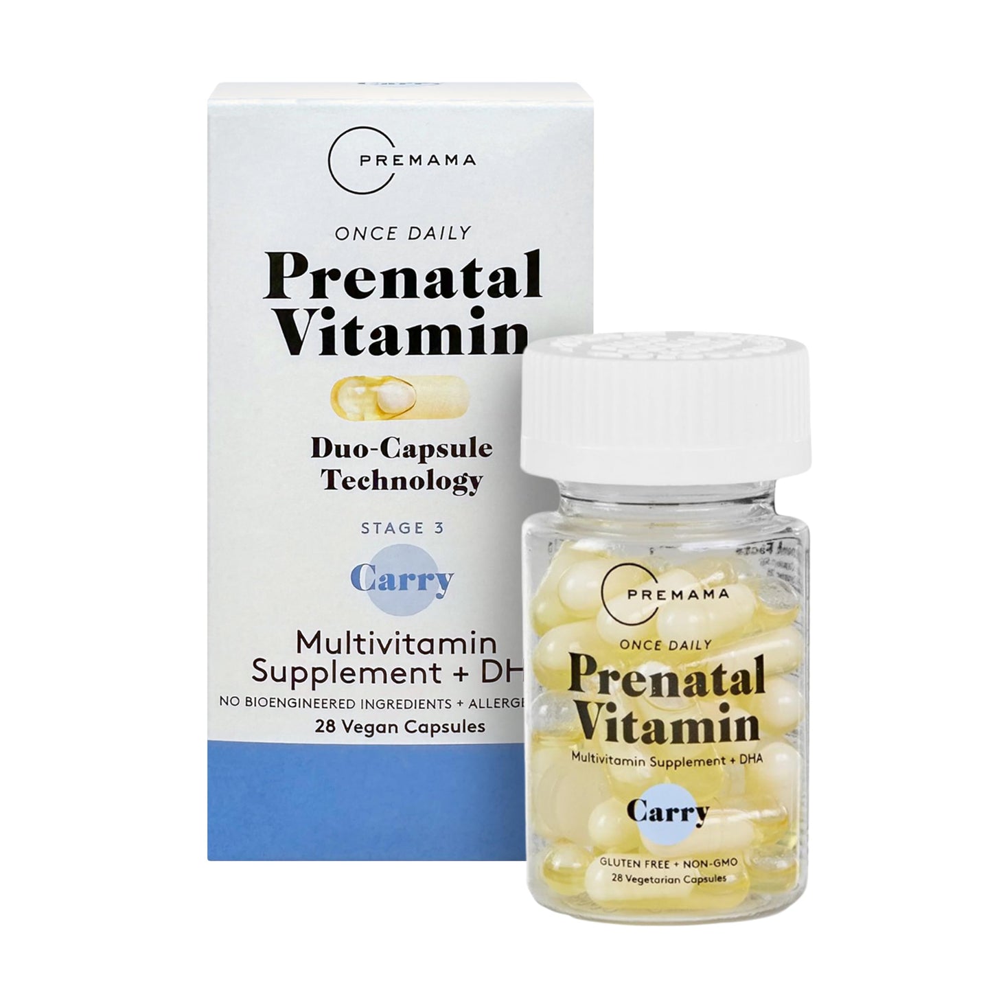 Vitaminas prenatales Premama paquete frontal con 28 cápsulas veganas