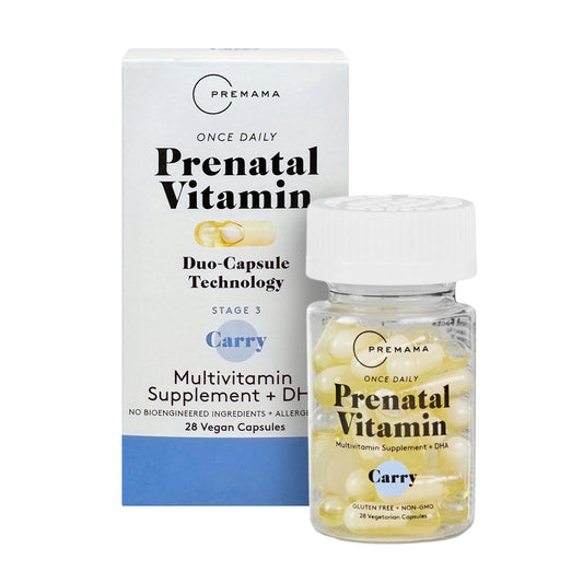 Vitaminas prenatales Premama paquete frontal con 28 cápsulas veganas