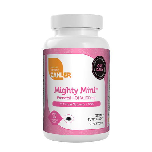 Frasco de vitaminas prenatales Zahler Mighty Mini con DHA y folato
