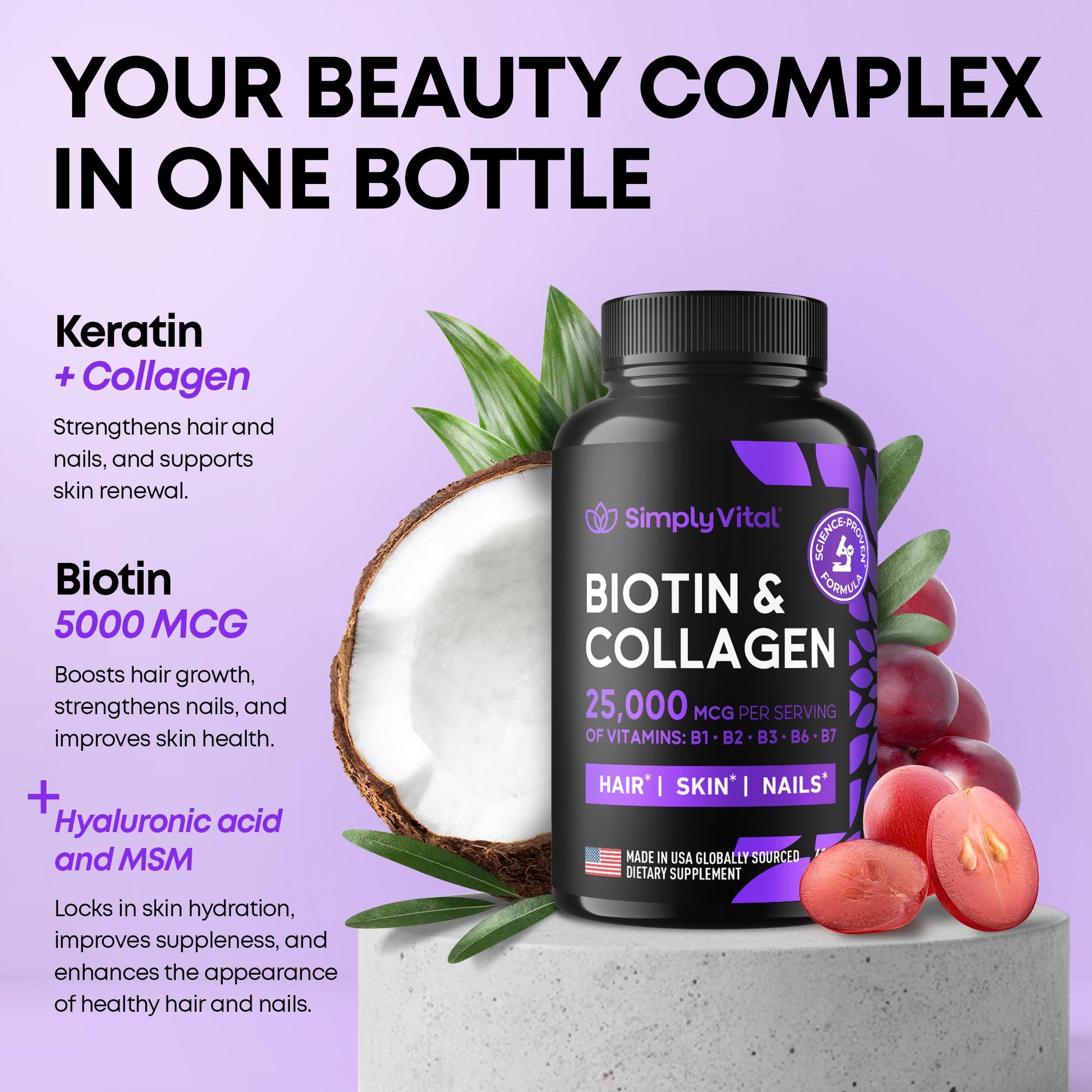 Vitaminas SimplyVital para cabello fuerte piel sana 60 cápsulas