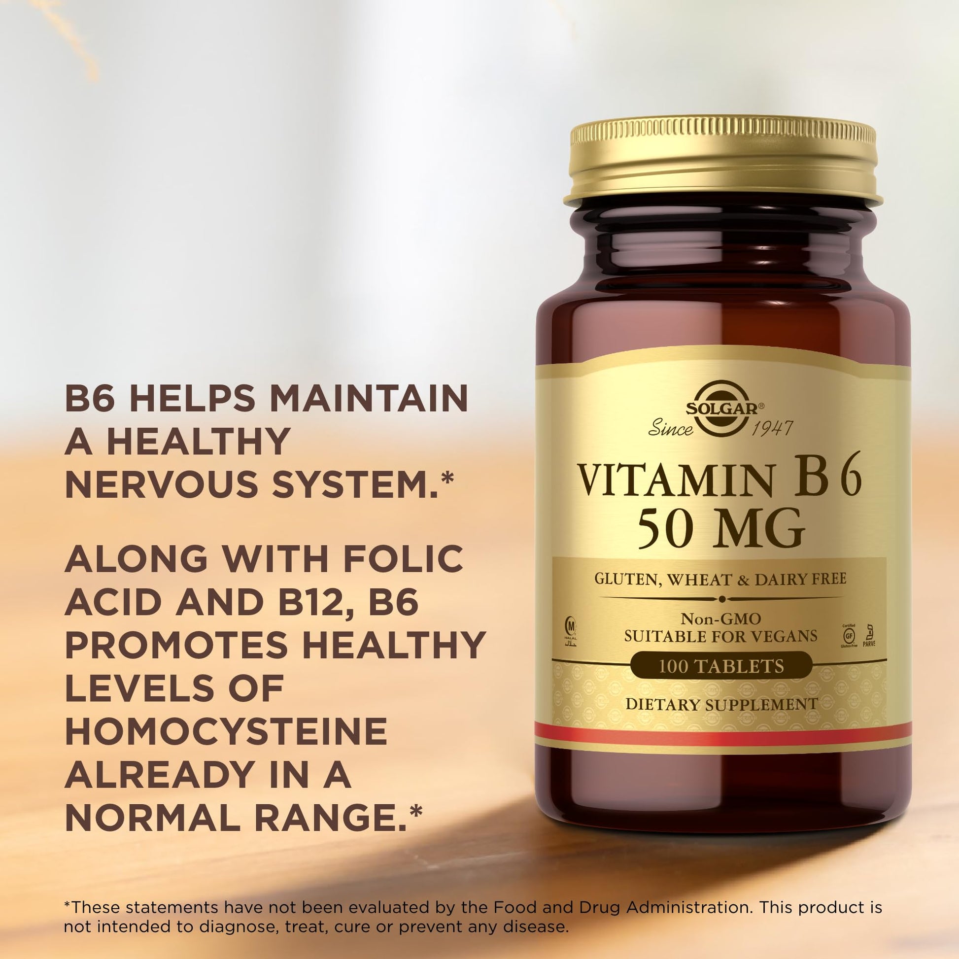 Vitaminas Solgar B6 50 mg 100 tabletas sin ingredientes artificiales
