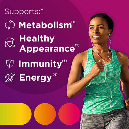 Vitaminas A, B6, B12, C, E, Hierro y Biotina, mujer deportista.
