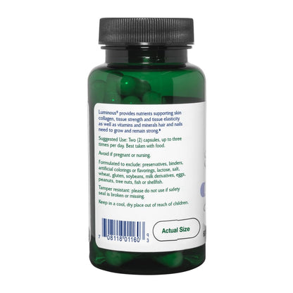 Información del suplemento Vitanica Luminous indicando ingredientes y cantidades.