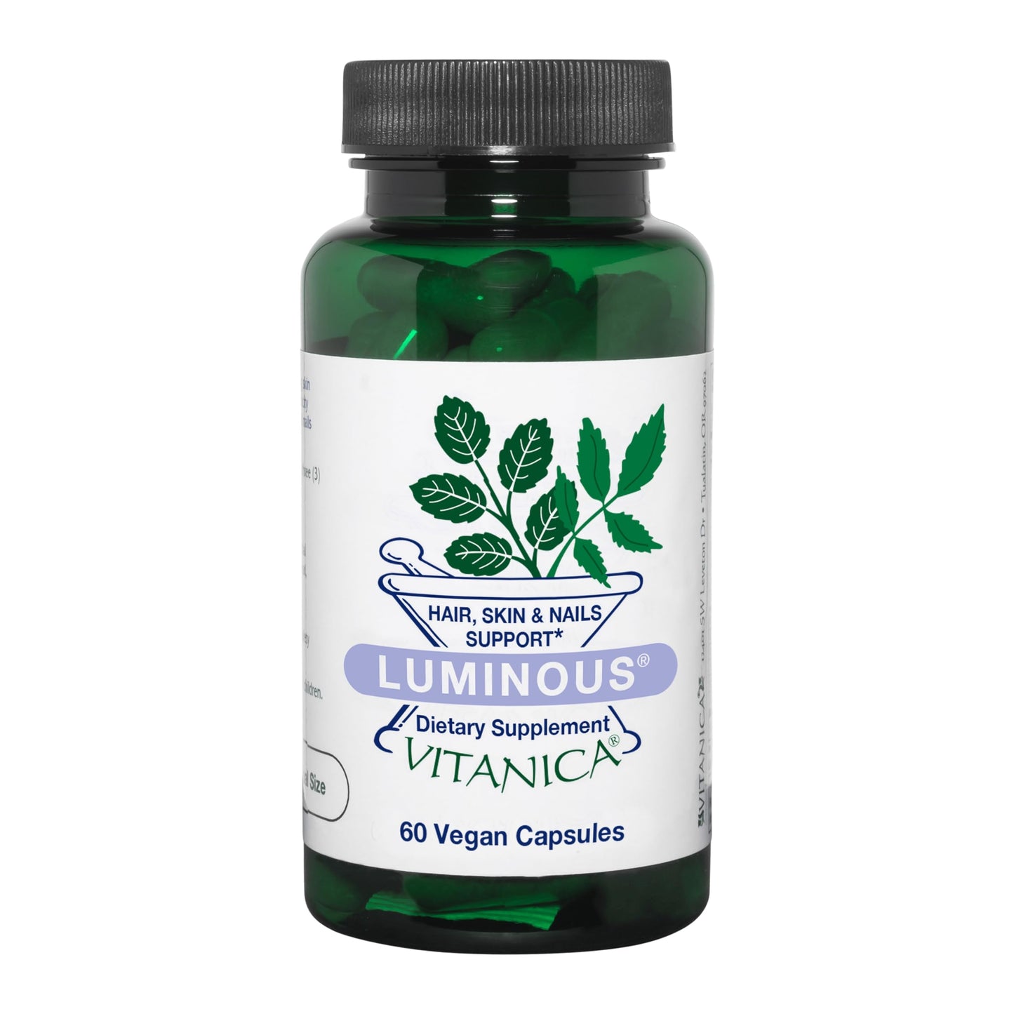Frasco de Vitanica Luminous para soporte de cabello, piel y uñas, 60 cápsulas veganas.