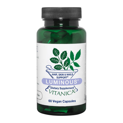Frasco de Vitanica Luminous para soporte de cabello, piel y uñas, 60 cápsulas veganas.