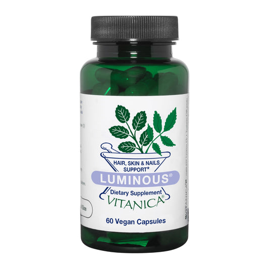 Frasco de Vitanica Luminous para soporte de cabello, piel y uñas, 60 cápsulas veganas.