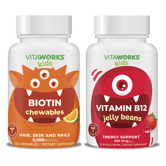 VitaWorks biotina masticables y jelly beans para niños