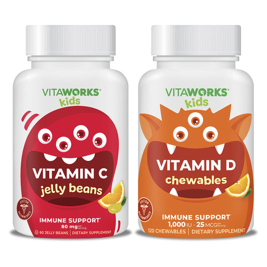Paquete VitaWorks Niños Vitamina C 80mg Jelly Beans y Vitamina D3 masticables