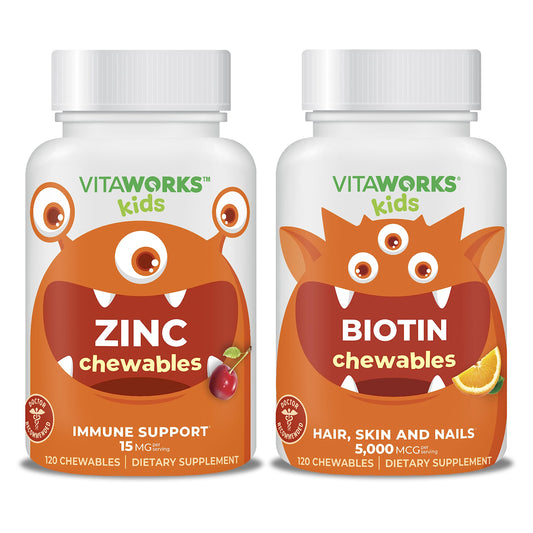 Paquete VitaWorks vitaminas masticables zinc y biotina para niños