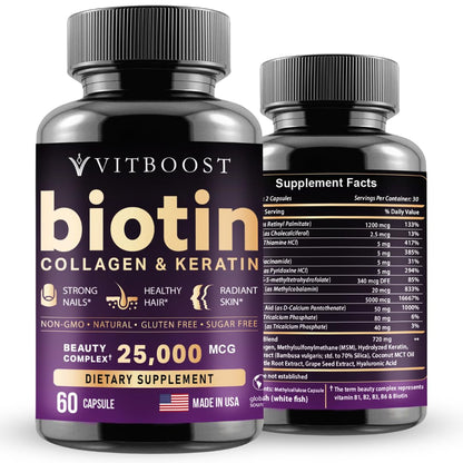 Vitboost suplemento biotina 25000 mcg con colágeno y queratina