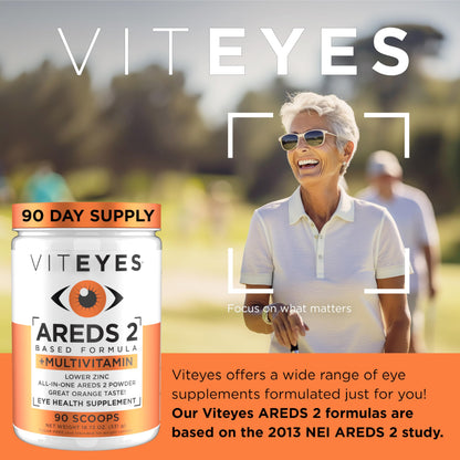 Viteyes AREDS 2 polvo sabor naranja para la salud ocular.