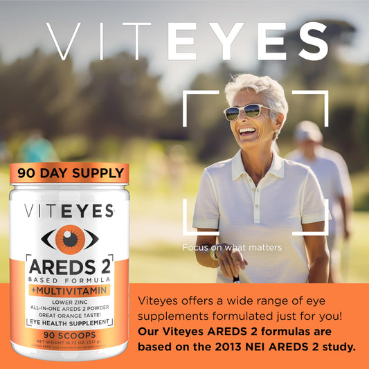 Viteyes AREDS 2 polvo sabor naranja para la salud ocular.