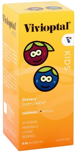 Vivioptal Kids multivitamínico líquido para niños con colores brillantes en caja