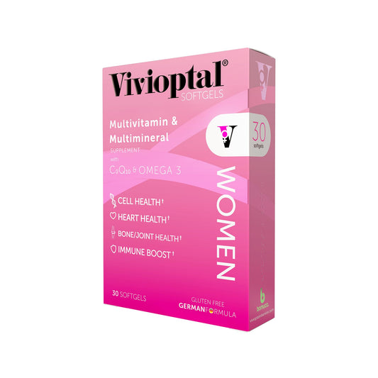 Caja de Vivioptal Mujeres multivitaminas y multiminerales, 30 cápsulas, color rosa.