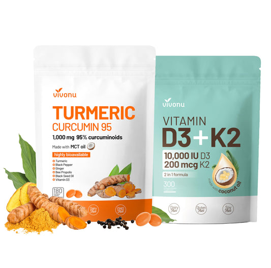 Frasco de cápsulas de cúrcuma curcumina VivoNu con vitamina D3 K2