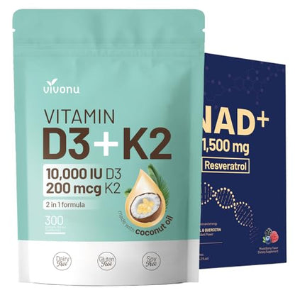 Botella de VivoNu Vitamina D3 K2 10000 UI suplemento NAD 1500mg