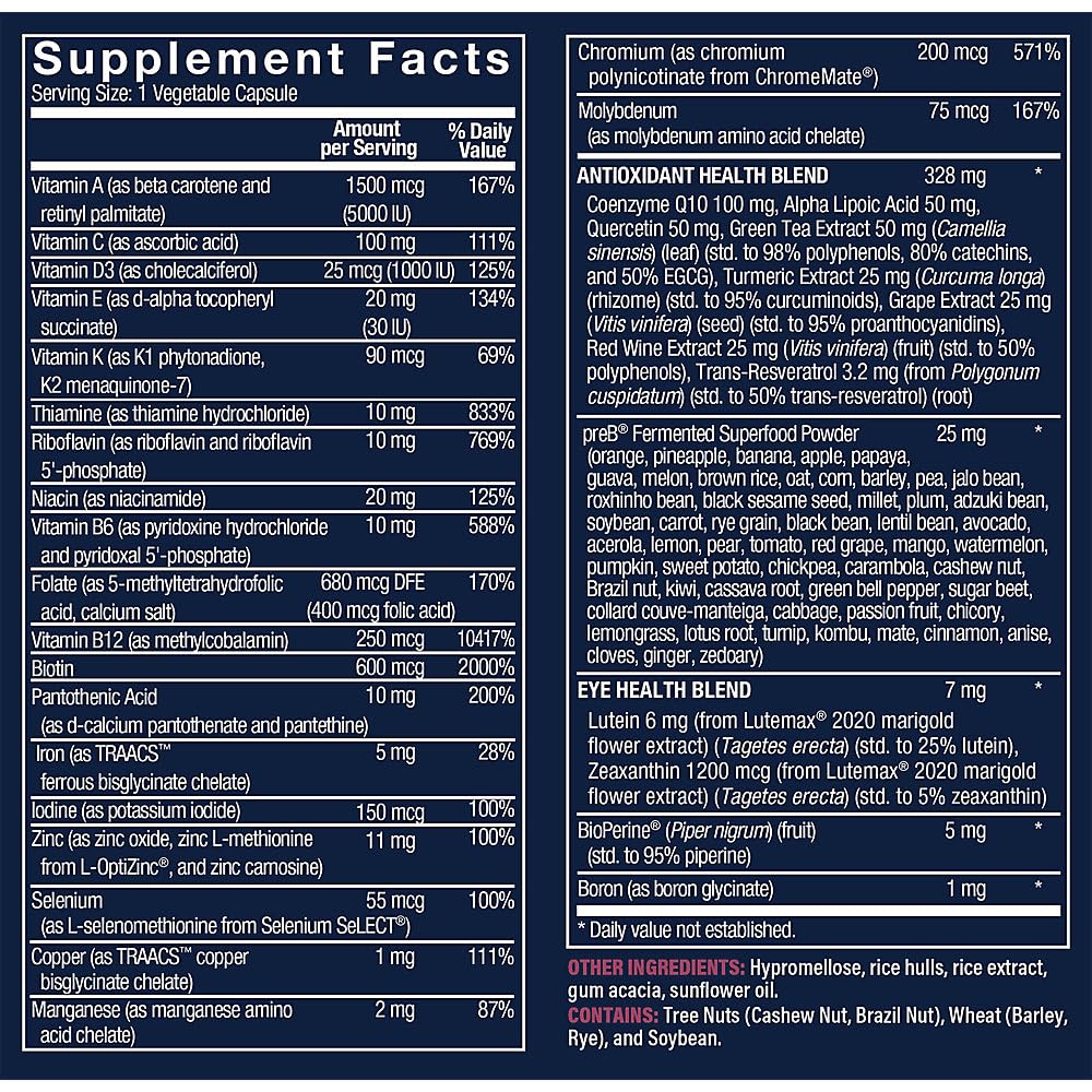 Tabla de ingredientes de multivitamina Vthrive