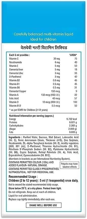 Lado del envase We.llbaby multivitaminas líquidas bebés