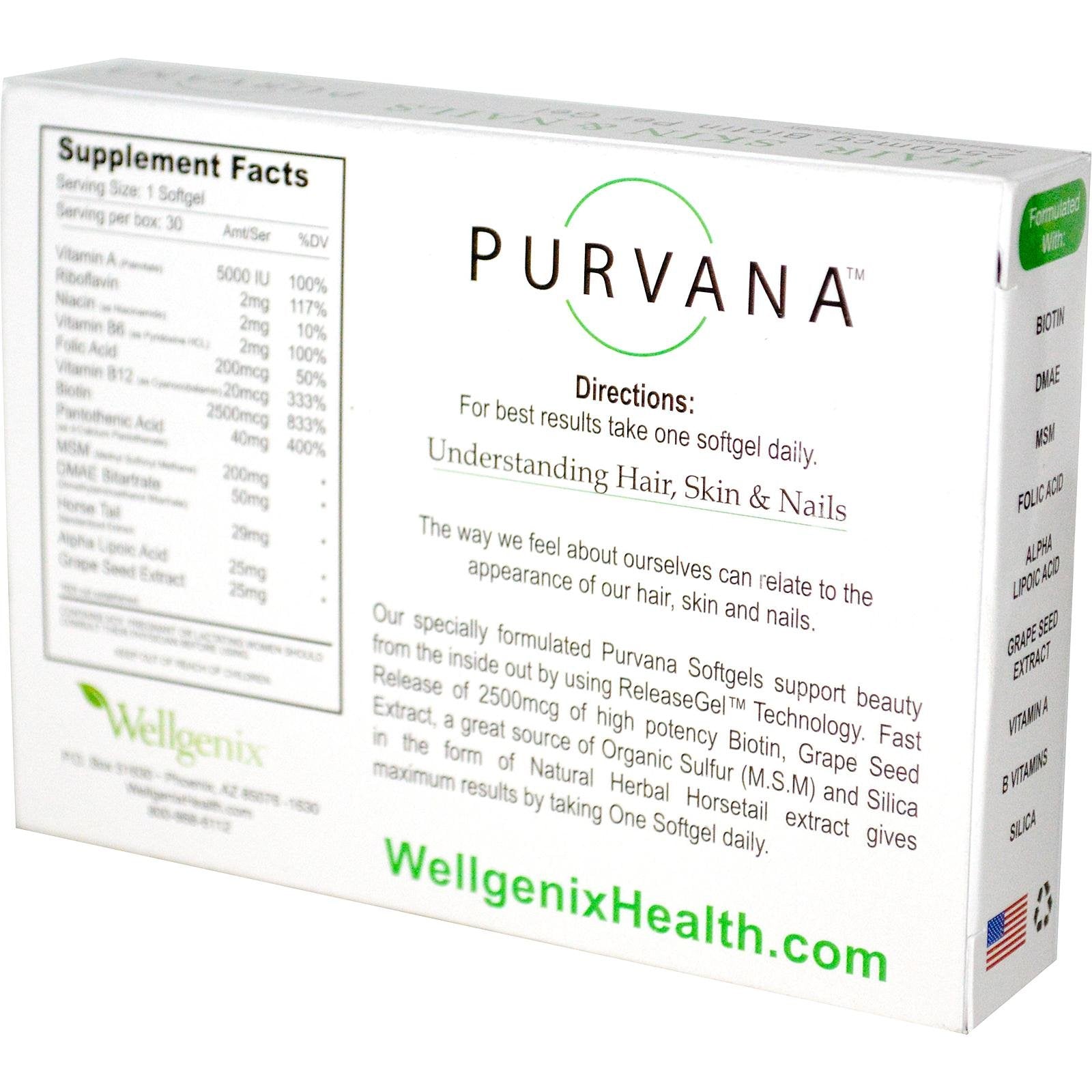 Wellgenix Purvana suplemento herbal doble fuerza 2500mcg biotina