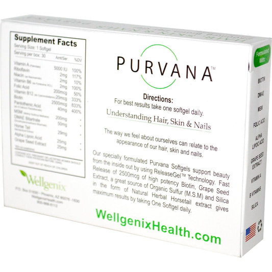 Wellgenix Purvana suplemento herbal doble fuerza 2500mcg biotina