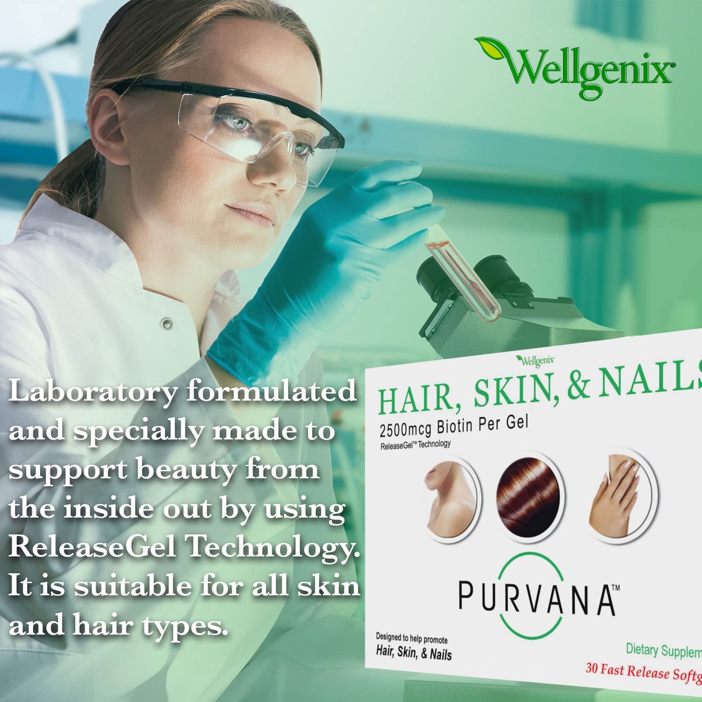 Wellgenix Purvana vitamina para cabello y piel 30 cápsulas