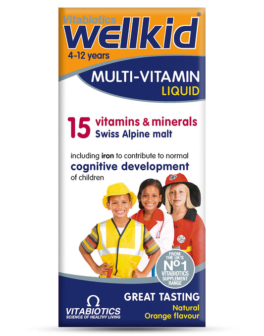Envase de Wellkid multivitamínico líquido de 150 ml