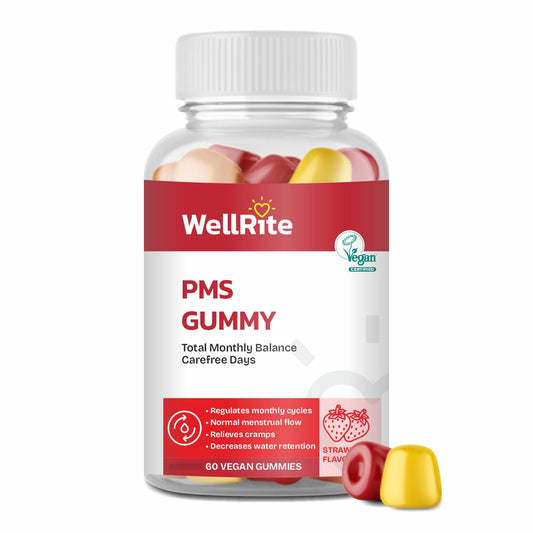 Wellrite gummies PMS equilibrio mensual 60 piezas sabor fresa