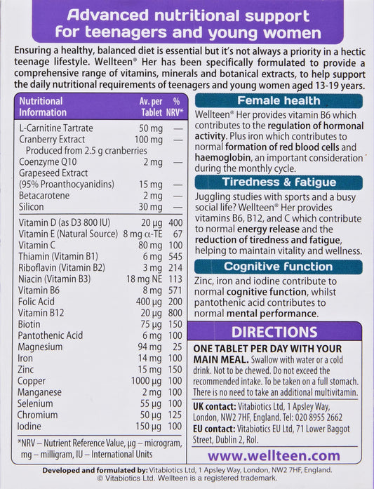 Vista trasera de la caja de Wellteen Her con información nutricional
