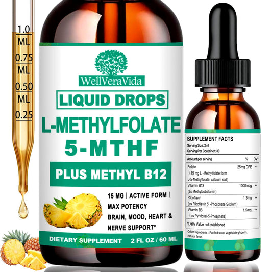 Botella WellVeraVida gotas L Metilfolato 15mg sabor piña 2oz