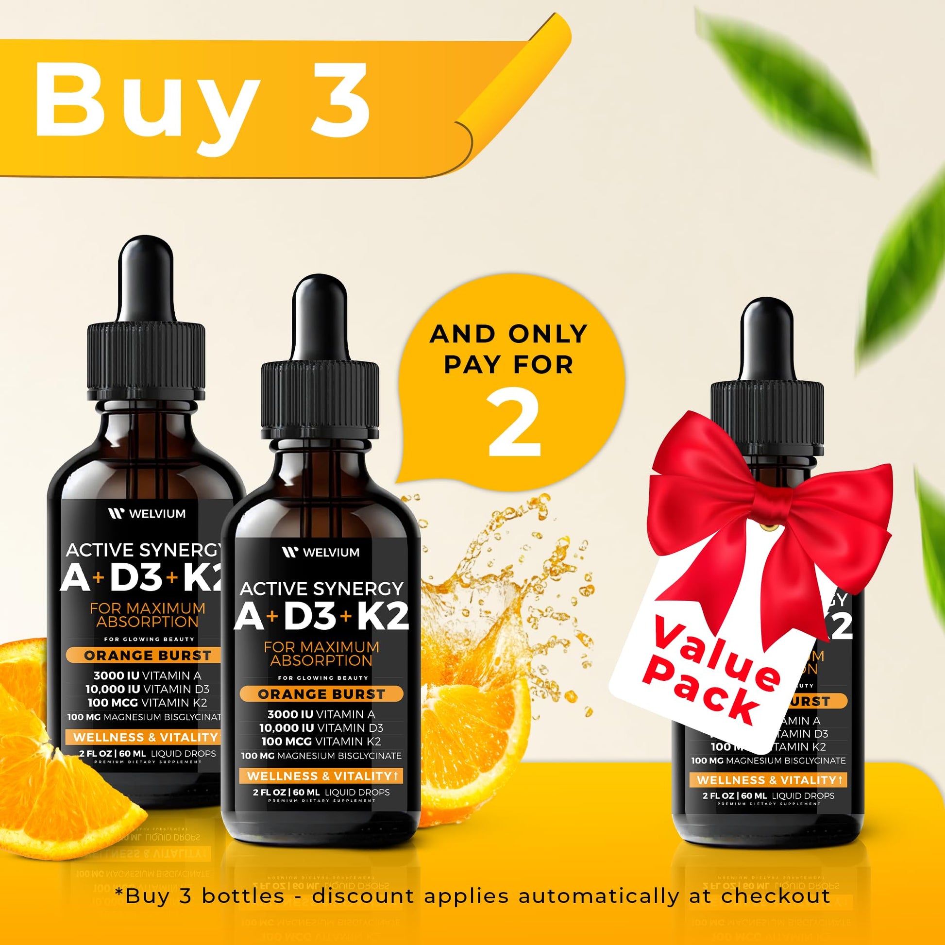 Etiqueta frontal producto vitaminas WELVIUM D3 K2 A