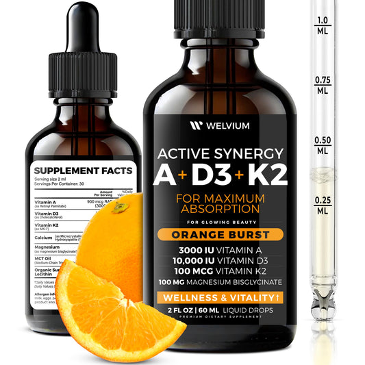 Botella de vitaminas líquidas WELVIUM D3 K2 A sabor naranja