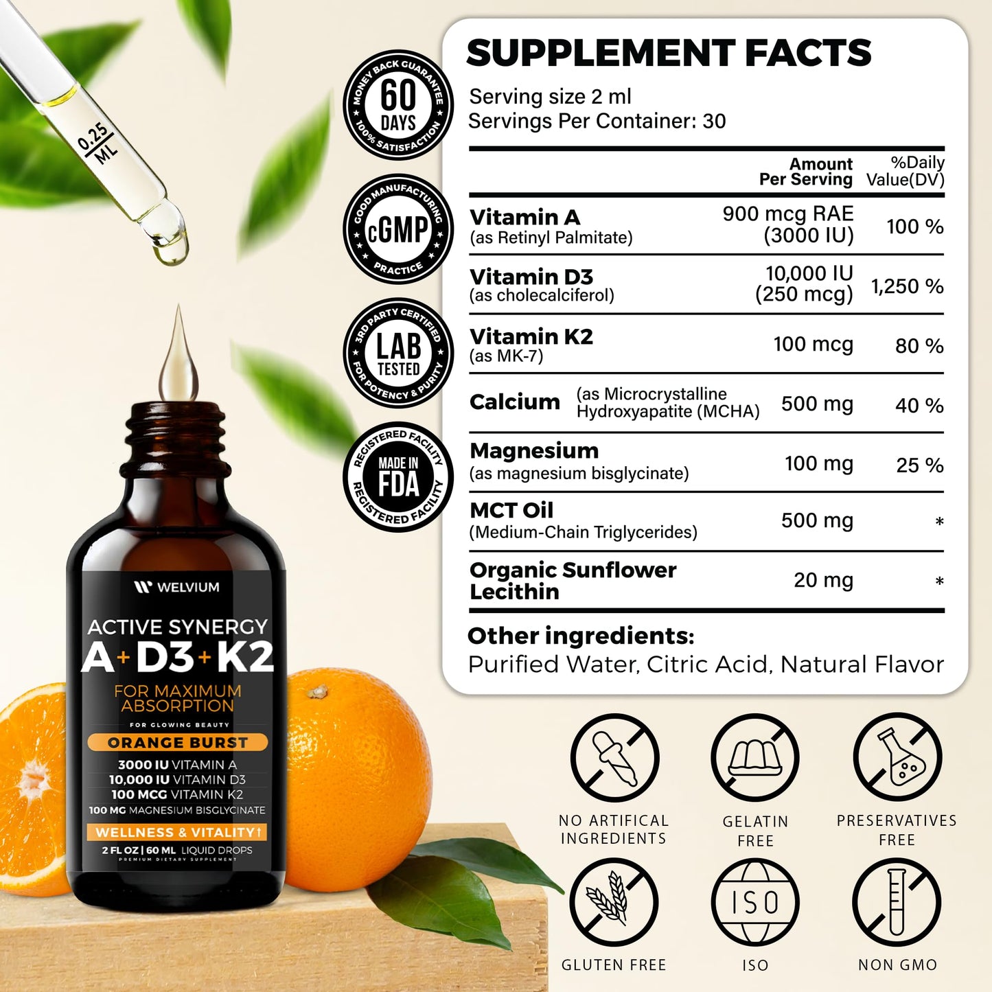 Paquete vitaminas líquidas WELVIUM D3 K2 A 2 oz