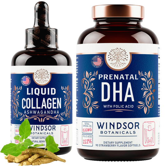 WINDSOR BOTANICALS colágeno líquido y DHA prenatal empaque frontal