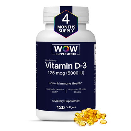 WOW Supplements vitamina d3 5000 ui softgels botella frontal