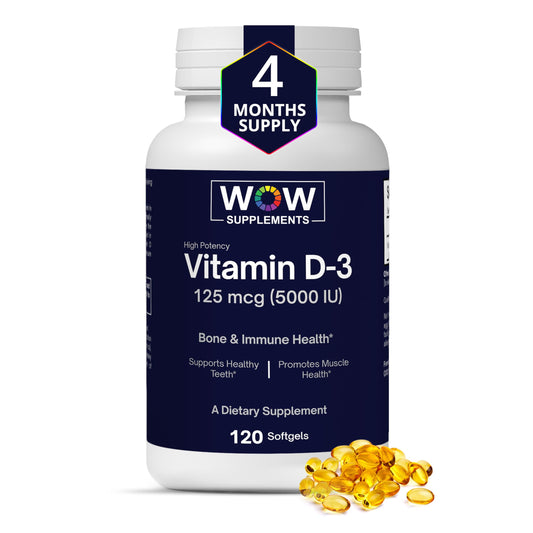 WOW Supplements vitamina d3 5000 ui softgels botella frontal