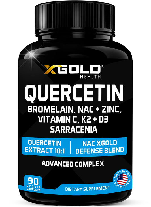 Frasco de suplemento XGold Defense Blend con quercetina y vitaminas