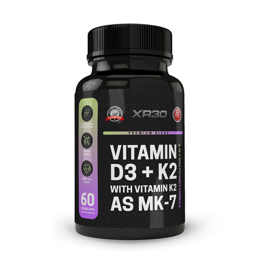 Frasco suplemento XR30 vitamina d3 y k2 mk7 para salud ósea y cardíaca