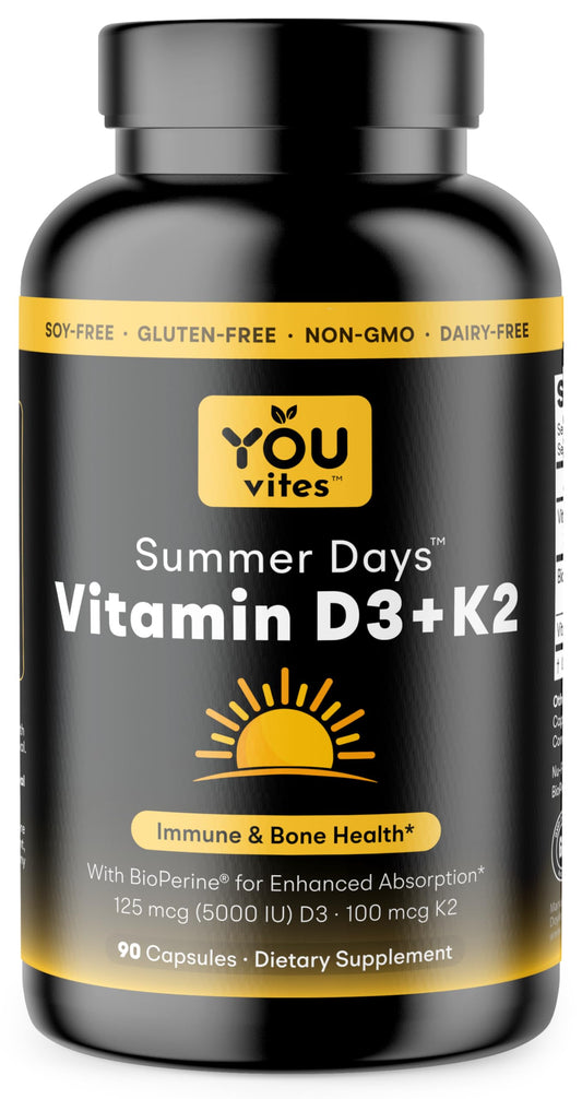 You Vites Vitamina D3 K2 suplemento salud ósea cápsula negra y amarilla