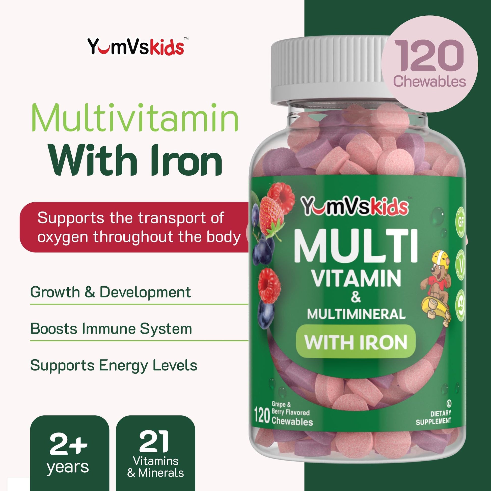 Multivitaminas YumVs con beneficios escritos para niños.