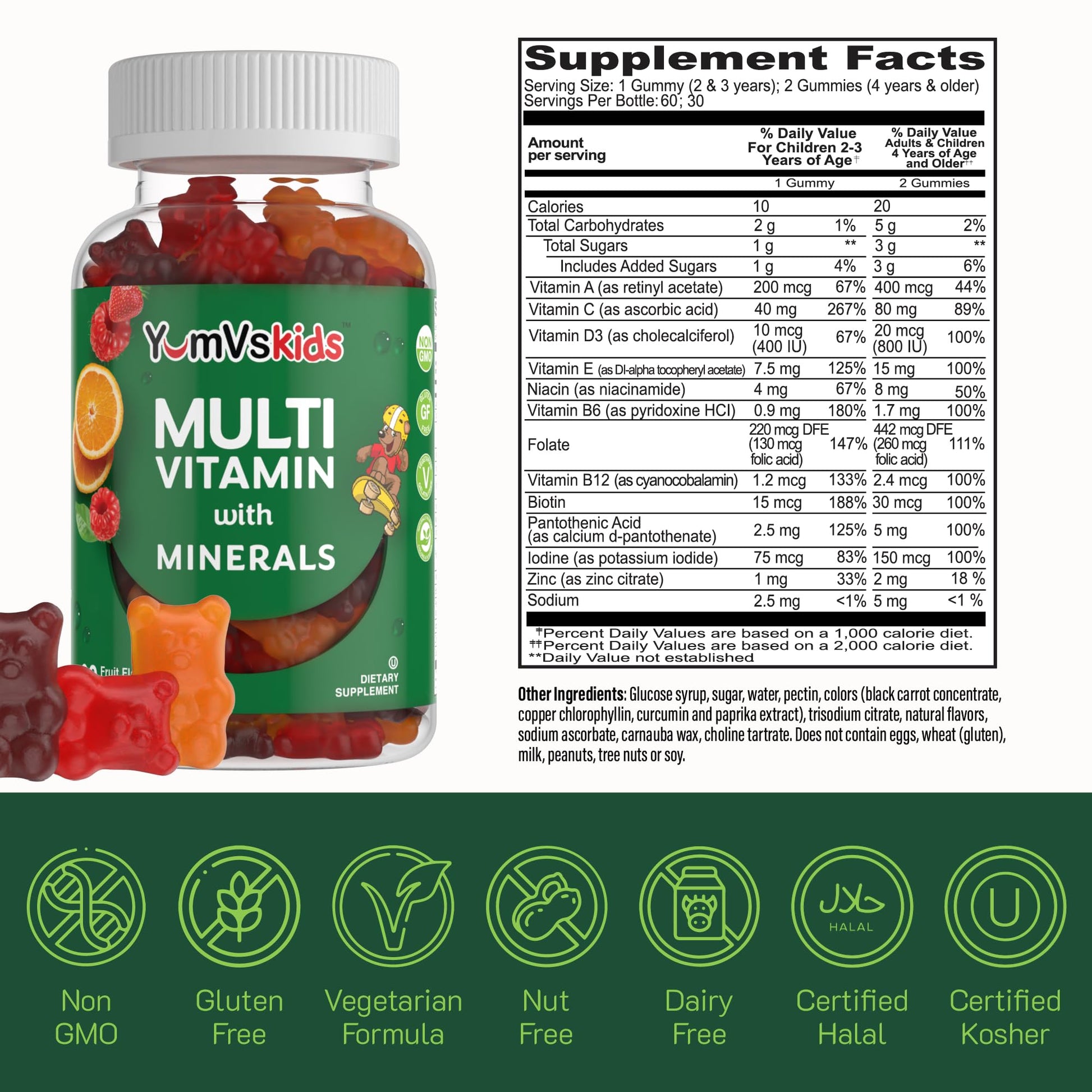 Detalles del empaque YumVs Kids Multivitaminas, sabor frutas.
