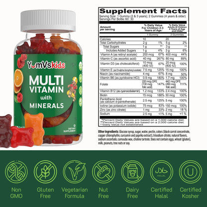 Detalles del empaque YumVs Kids Multivitaminas, sabor frutas.