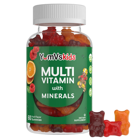 Botella de gomitas multivitamínicas para niños YumVs con sabor a frutas (60 unidades).