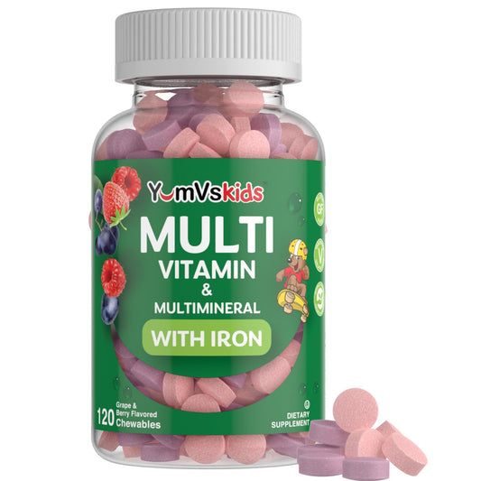 YumVs Kids Multivitaminas con botella de hierro y tabletas.