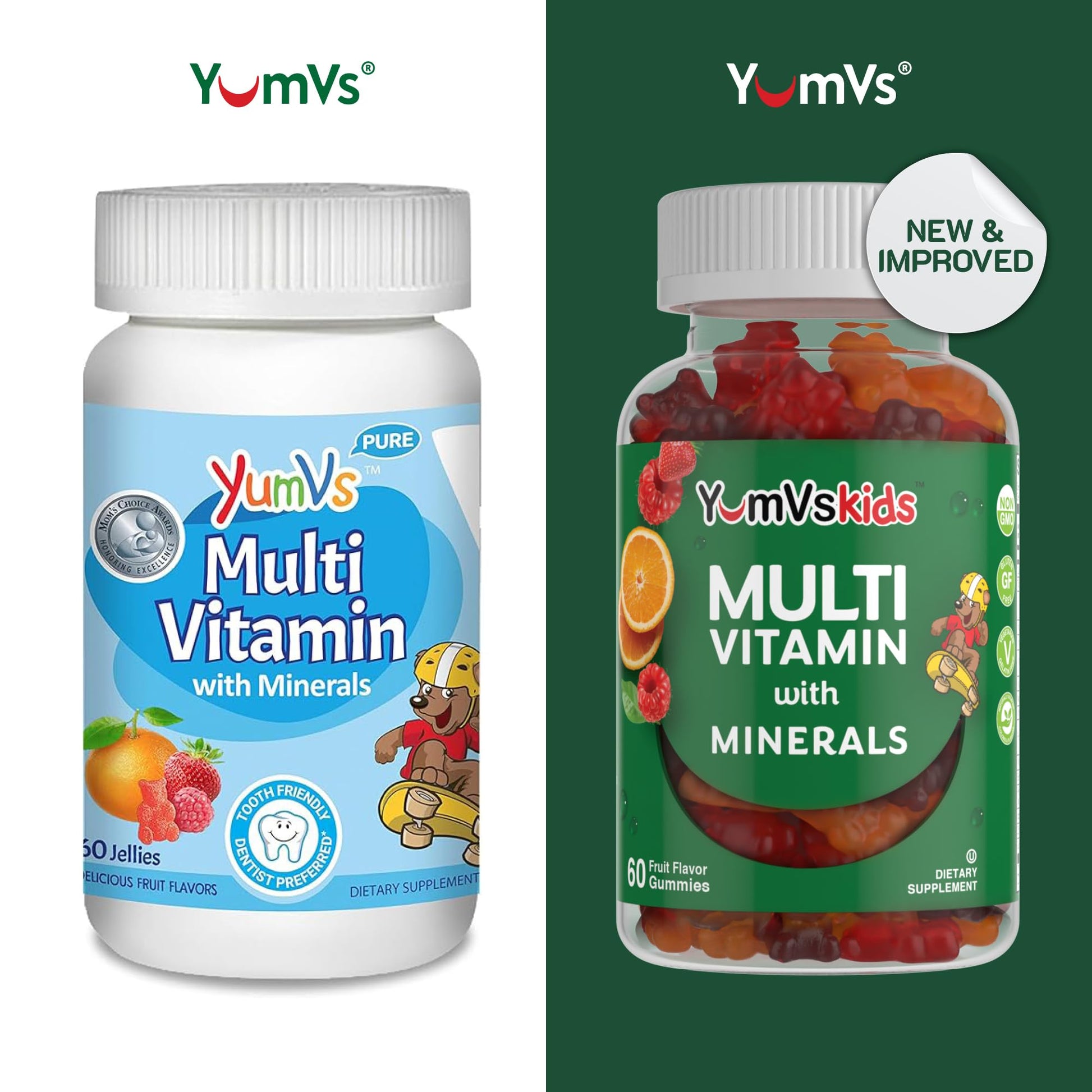 Empaque frontal de YumVs Kids Multivitaminas con vitaminas y minerales esenciales.